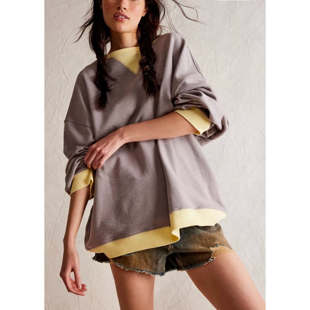 Free People Tan Yellow Classic Crew Colorblock Sweatshirt